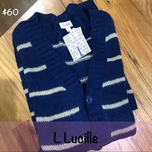 LuLaRoe Lucille - Navy blue with tan stripes.